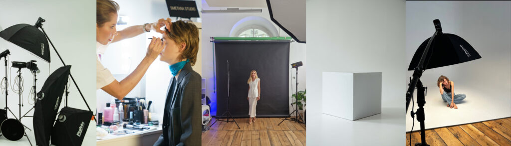 Collage aus Studio-Setups in Smetana Fotostudio Wien: Lichttechnik, Make-up, Papierhintergrund, Produktfoto und Portrait-Setup